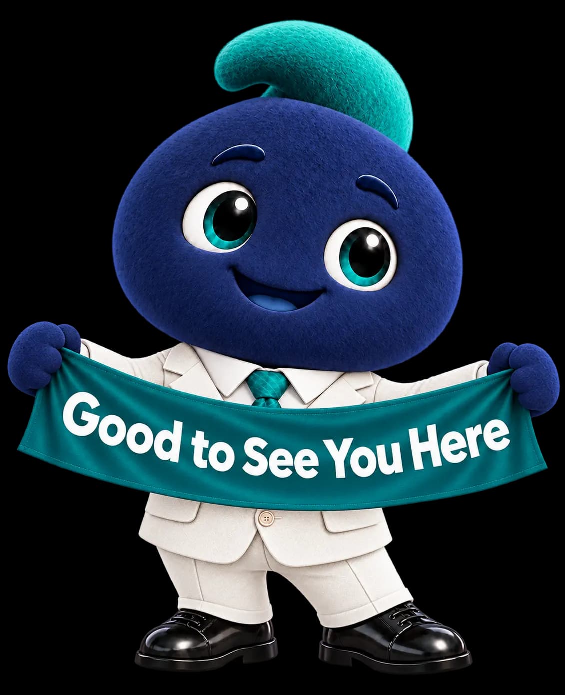 Jobcreo's mascot holding a Good to see you here banner