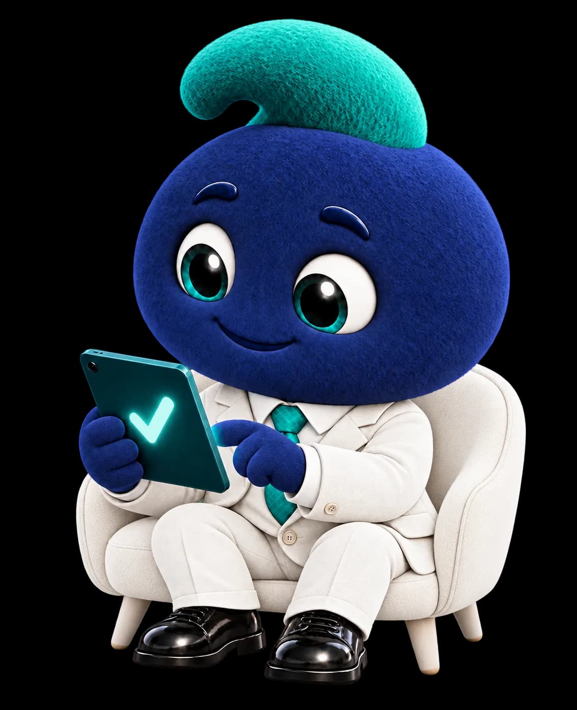 Jobcreo's mascot relaxing in an armchair, checking a tablet